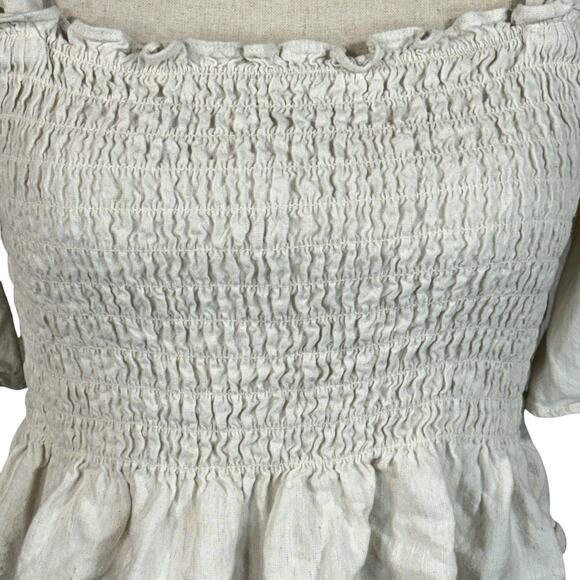 Lulus Medium Your Sunshine Top Linen Smocked Flutter Sleeve Square Neck Beige - Picture 2 of 8